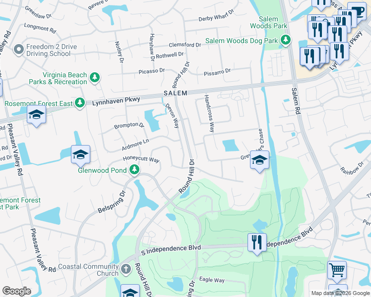 map of restaurants, bars, coffee shops, grocery stores, and more near 1669 Castlefield Road in Virginia Beach