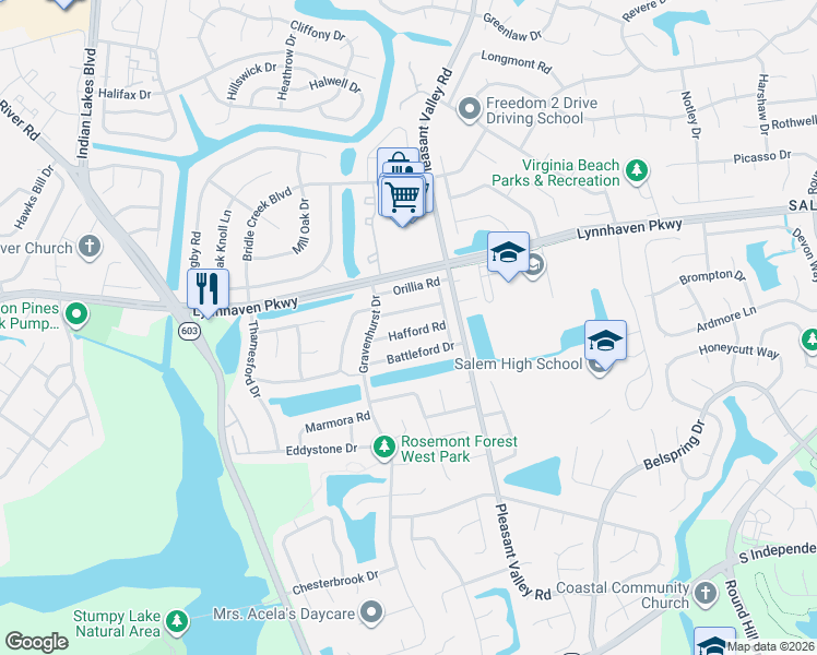 map of restaurants, bars, coffee shops, grocery stores, and more near 1354 Hafford Road in Virginia Beach