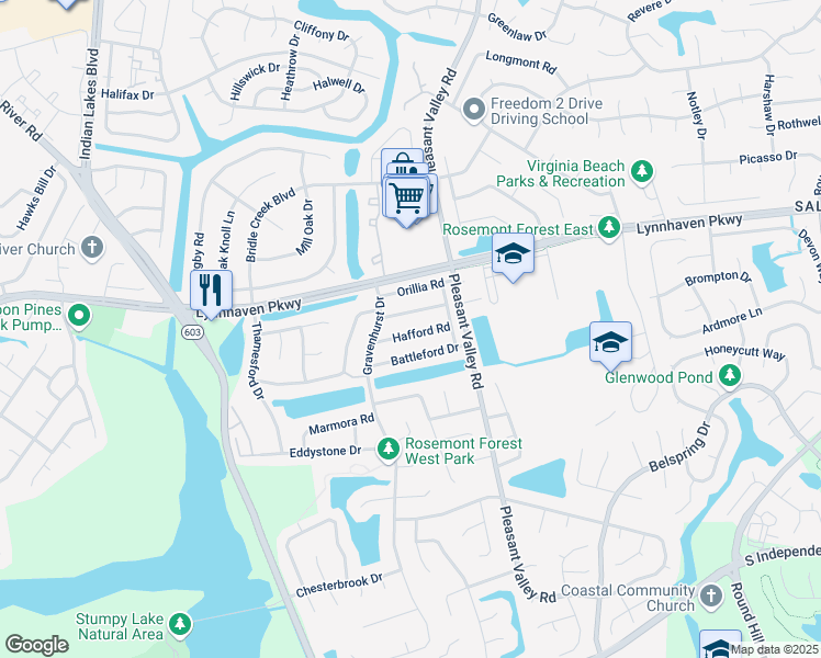 map of restaurants, bars, coffee shops, grocery stores, and more near 1354 Hafford Road in Virginia Beach