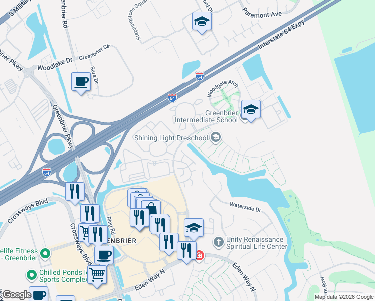 map of restaurants, bars, coffee shops, grocery stores, and more near 1725 Rock Bridge Mews in Chesapeake