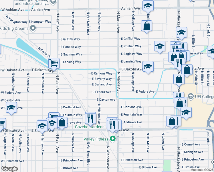 map of restaurants, bars, coffee shops, grocery stores, and more near 752 East Garland Avenue in Fresno