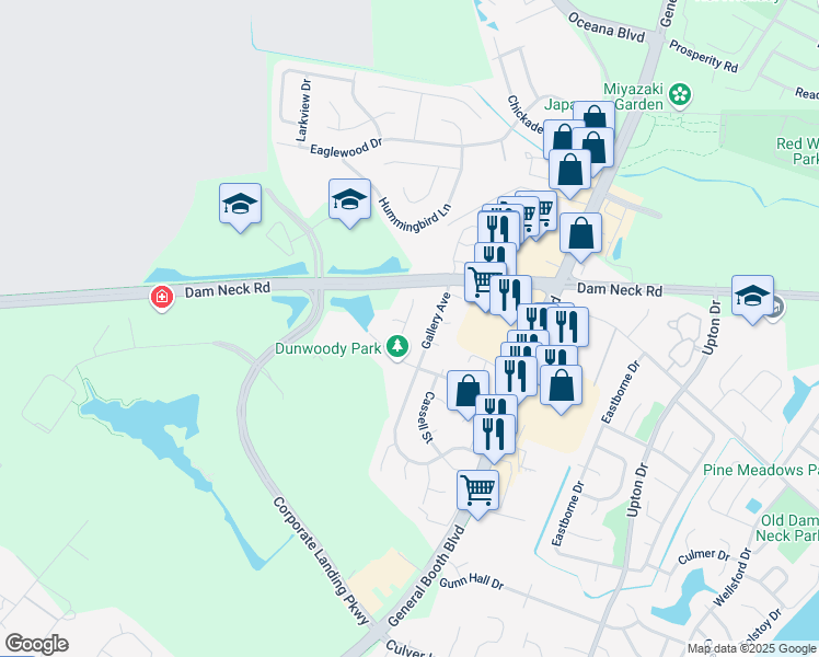 map of restaurants, bars, coffee shops, grocery stores, and more near 1532 Hubbell Court in Virginia Beach