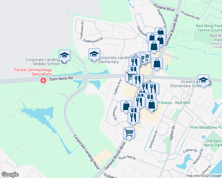map of restaurants, bars, coffee shops, grocery stores, and more near 1532 Hubbell Court in Virginia Beach