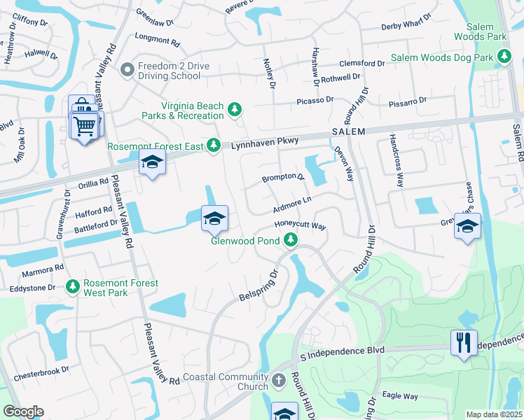 map of restaurants, bars, coffee shops, grocery stores, and more near 4684 Ardmore Lane in Virginia Beach