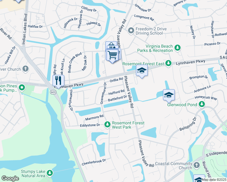 map of restaurants, bars, coffee shops, grocery stores, and more near 1354 Hafford Road in Virginia Beach