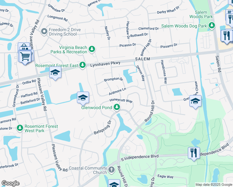 map of restaurants, bars, coffee shops, grocery stores, and more near 4661 Ardmore Lane in Virginia Beach