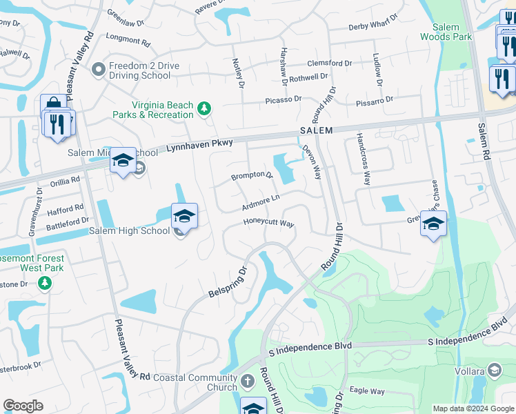 map of restaurants, bars, coffee shops, grocery stores, and more near 4661 Ardmore Lane in Virginia Beach