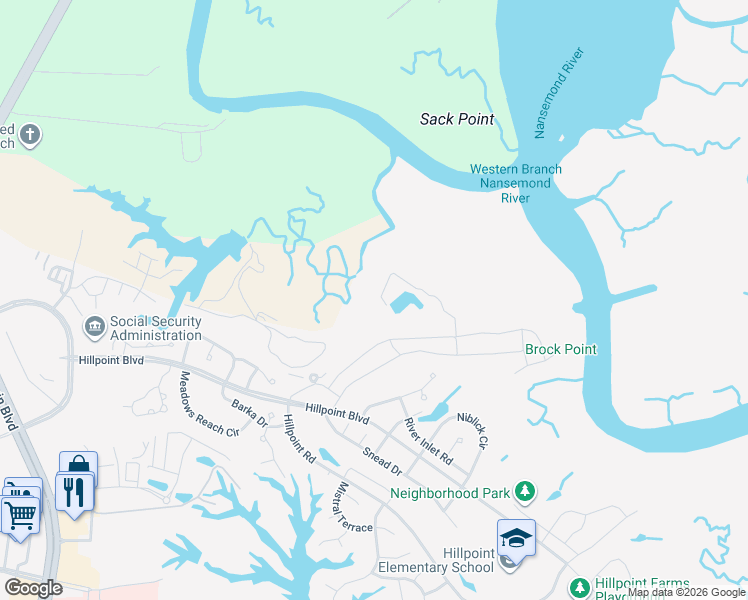 map of restaurants, bars, coffee shops, grocery stores, and more near 129 Birdie Drive in Suffolk
