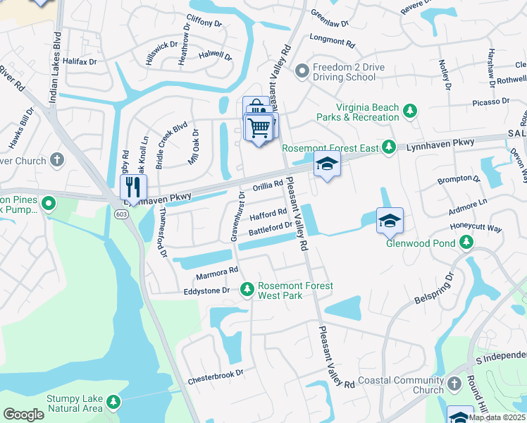 map of restaurants, bars, coffee shops, grocery stores, and more near 1354 Hafford Road in Virginia Beach