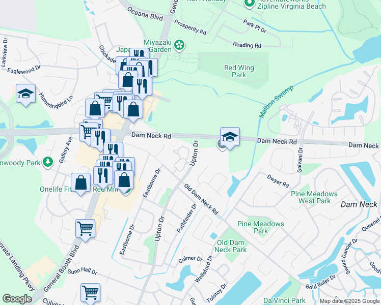 map of restaurants, bars, coffee shops, grocery stores, and more near 1736 Cottenham Lane in Virginia Beach