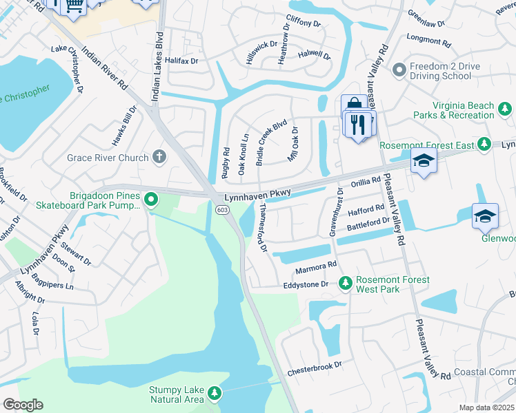 map of restaurants, bars, coffee shops, grocery stores, and more near 1301 Thamesford Drive in Virginia Beach