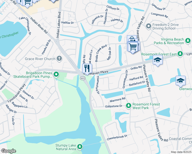 map of restaurants, bars, coffee shops, grocery stores, and more near 1301 Thamesford Drive in Virginia Beach