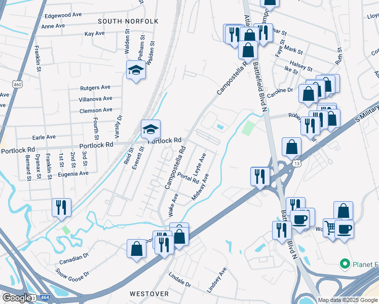 map of restaurants, bars, coffee shops, grocery stores, and more near 4104 Wake Avenue in Chesapeake