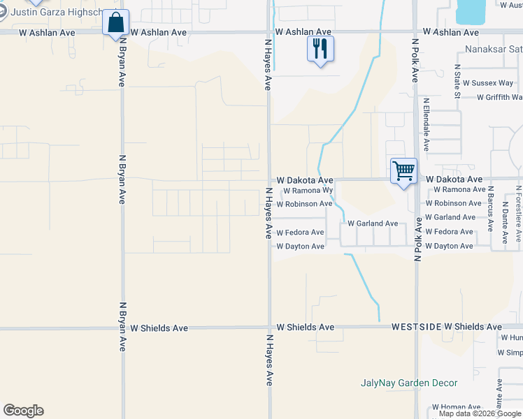 map of restaurants, bars, coffee shops, grocery stores, and more near 3393 North Hayes Avenue in Fresno