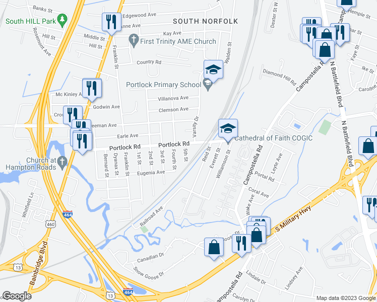 map of restaurants, bars, coffee shops, grocery stores, and more near 4101 5th Street in Chesapeake