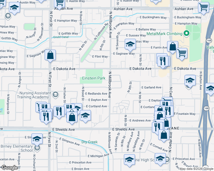 map of restaurants, bars, coffee shops, grocery stores, and more near 3606 East Fedora Avenue in Fresno