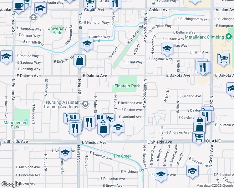 map of restaurants, bars, coffee shops, grocery stores, and more near 3422 East Fedora Avenue in Fresno