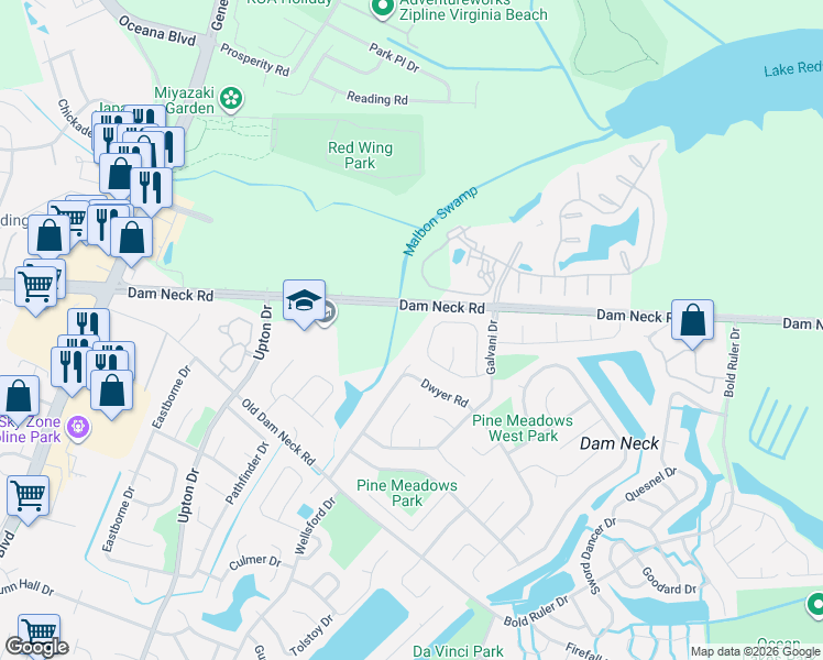 map of restaurants, bars, coffee shops, grocery stores, and more near 853 Levy Loop in Virginia Beach