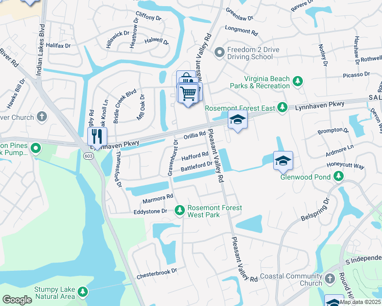 map of restaurants, bars, coffee shops, grocery stores, and more near 1354 Hafford Road in Virginia Beach