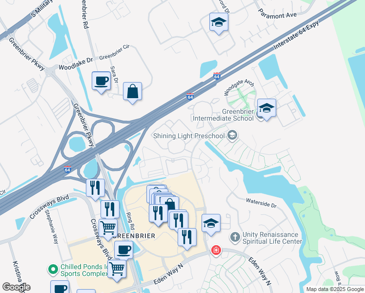 map of restaurants, bars, coffee shops, grocery stores, and more near 150 Coveside Lane in Chesapeake