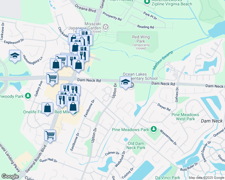 map of restaurants, bars, coffee shops, grocery stores, and more near 1732 Cottenham Lane in Virginia Beach