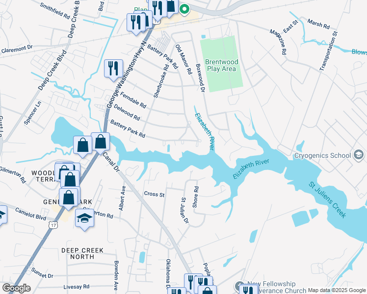 map of restaurants, bars, coffee shops, grocery stores, and more near 2157 Arbutus Circle in Chesapeake