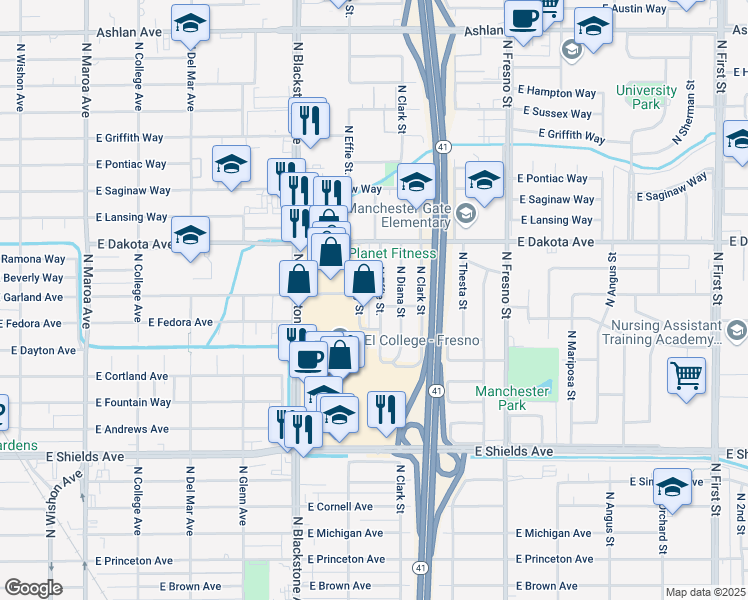 map of restaurants, bars, coffee shops, grocery stores, and more near 3711 North Effie Street in Fresno