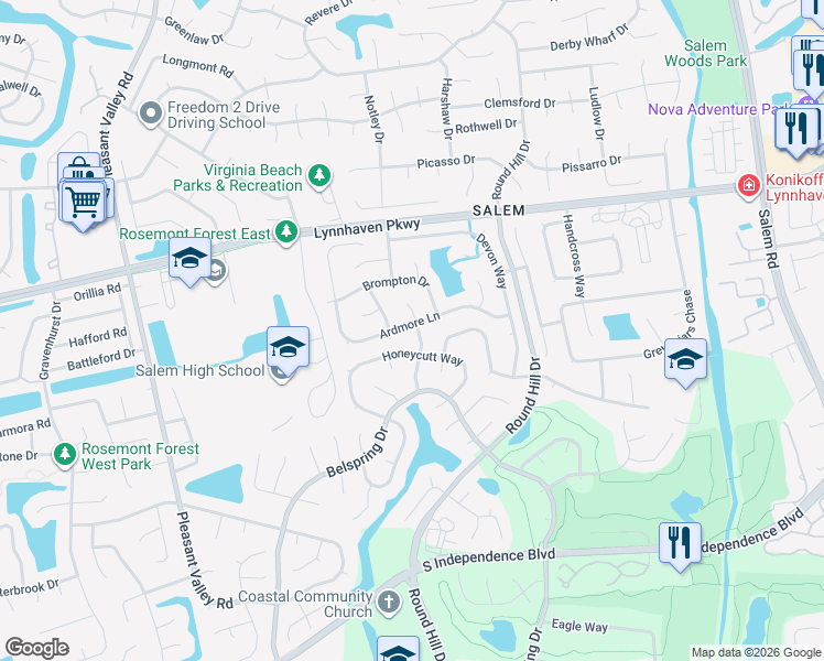 map of restaurants, bars, coffee shops, grocery stores, and more near 4657 Ardmore Lane in Virginia Beach
