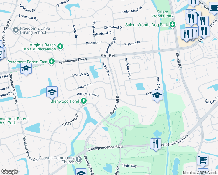 map of restaurants, bars, coffee shops, grocery stores, and more near 1685 Devon Way in Virginia Beach