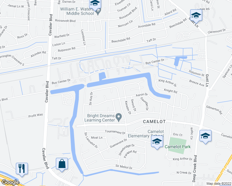 map of restaurants, bars, coffee shops, grocery stores, and more near 1208 Sir Galahad Drive in Chesapeake