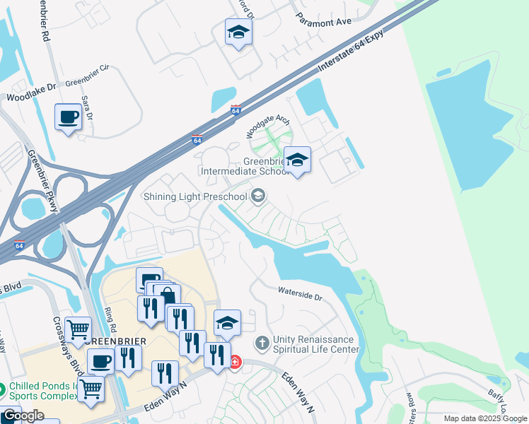 map of restaurants, bars, coffee shops, grocery stores, and more near 1909 Kelly Run in Chesapeake