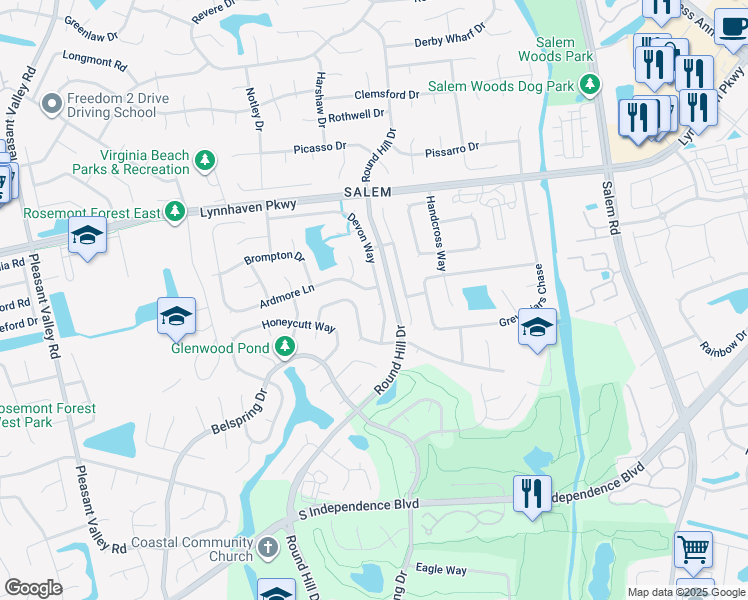map of restaurants, bars, coffee shops, grocery stores, and more near 1685 Devon Way in Virginia Beach