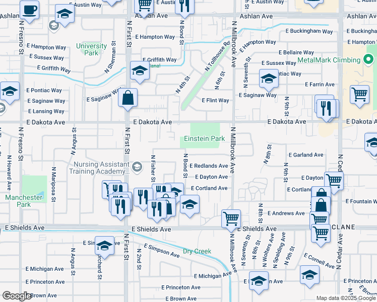 map of restaurants, bars, coffee shops, grocery stores, and more near 3422 East Fedora Avenue in Fresno