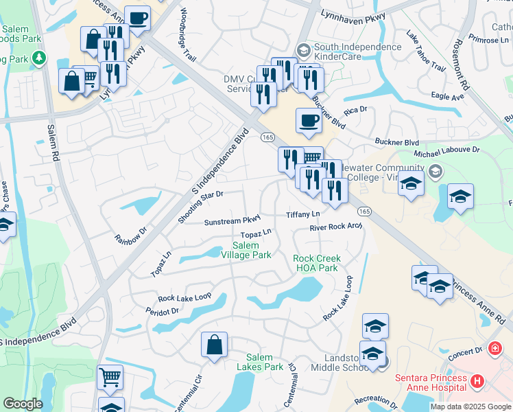 map of restaurants, bars, coffee shops, grocery stores, and more near 3852 Sunstream Parkway in Virginia Beach