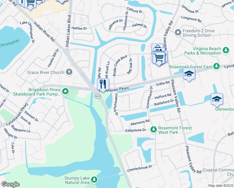 map of restaurants, bars, coffee shops, grocery stores, and more near 1305 Thamesford Drive in Virginia Beach