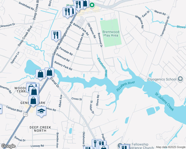 map of restaurants, bars, coffee shops, grocery stores, and more near 2149 Arbutus Cir in Chesapeake
