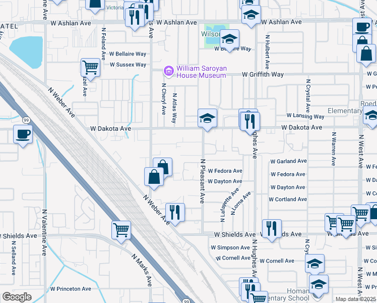 map of restaurants, bars, coffee shops, grocery stores, and more near 2608 West Garland Avenue in Fresno