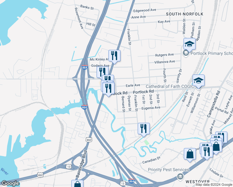 map of restaurants, bars, coffee shops, grocery stores, and more near 4099 Hamilton Street in Chesapeake