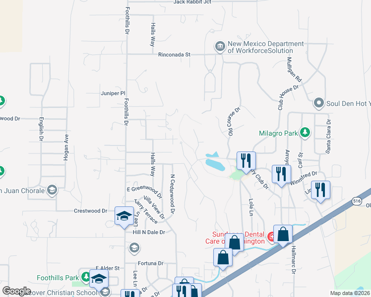 map of restaurants, bars, coffee shops, grocery stores, and more near 5901-6013 Bayhill Drive in Farmington