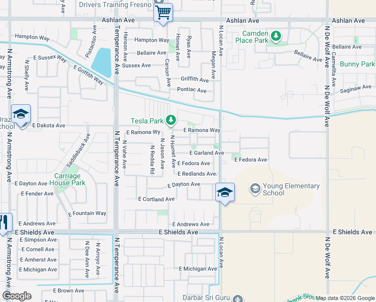 map of restaurants, bars, coffee shops, grocery stores, and more near 7385 East Garland Avenue in Fresno