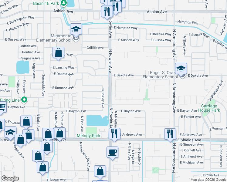 map of restaurants, bars, coffee shops, grocery stores, and more near 3323 North McArthur Avenue in Fresno