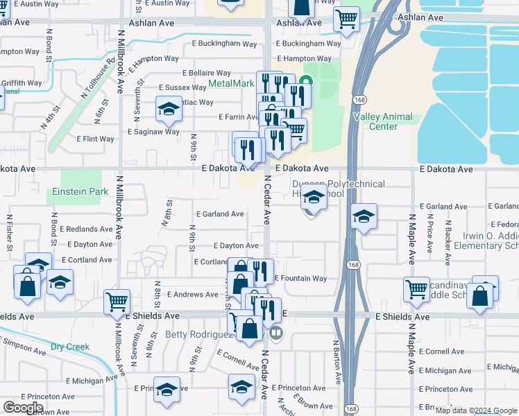 map of restaurants, bars, coffee shops, grocery stores, and more near 3655 North 11th Street in Fresno
