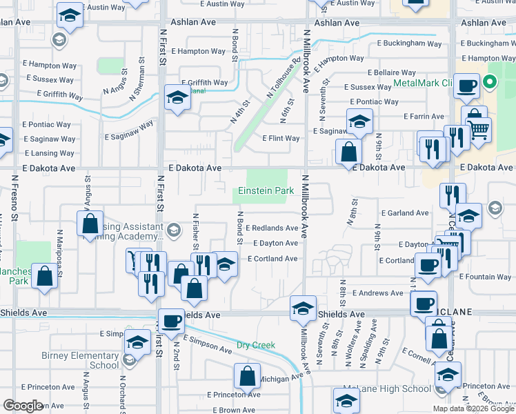 map of restaurants, bars, coffee shops, grocery stores, and more near 3472 East Fedora Avenue in Fresno