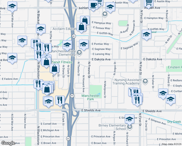 map of restaurants, bars, coffee shops, grocery stores, and more near 2536 East Fedora Avenue in Fresno