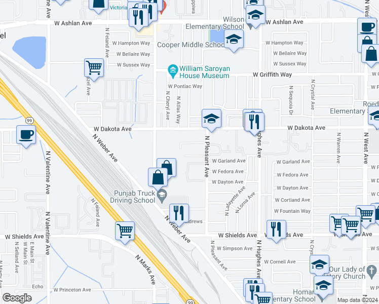 map of restaurants, bars, coffee shops, grocery stores, and more near 2608 West Garland Avenue in Fresno