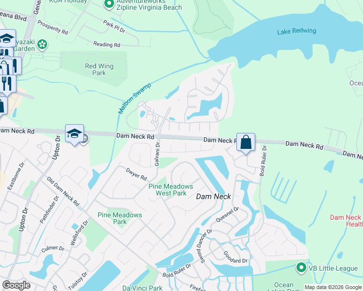 map of restaurants, bars, coffee shops, grocery stores, and more near 774 Casual Court in Virginia Beach