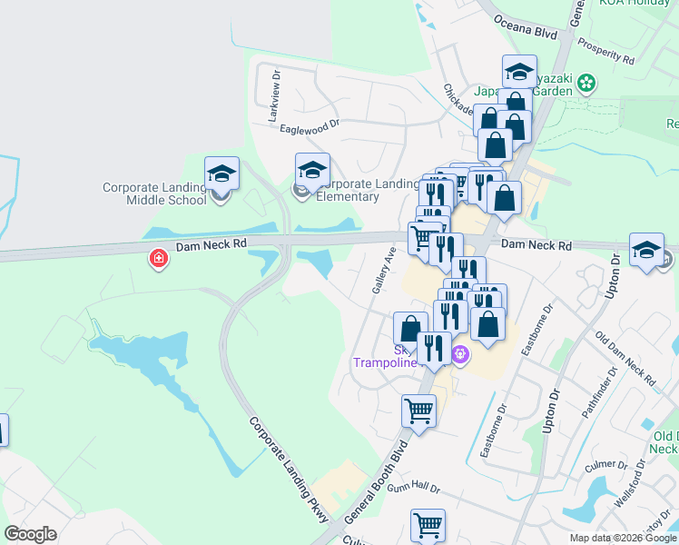 map of restaurants, bars, coffee shops, grocery stores, and more near 1216 Hubbell Drive in Virginia Beach