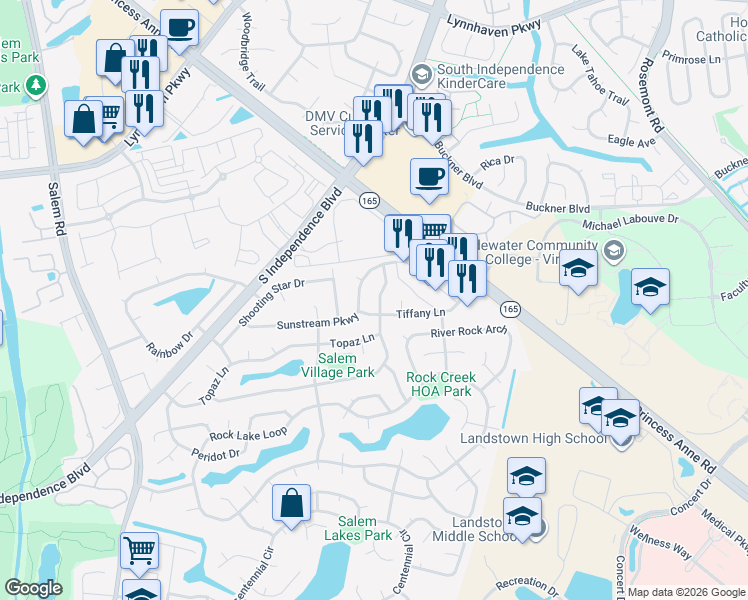 map of restaurants, bars, coffee shops, grocery stores, and more near 3860 Tiffany Lane in Virginia Beach
