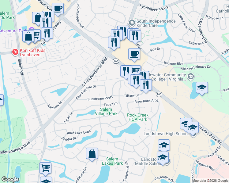 map of restaurants, bars, coffee shops, grocery stores, and more near 3860 Tiffany Lane in Virginia Beach