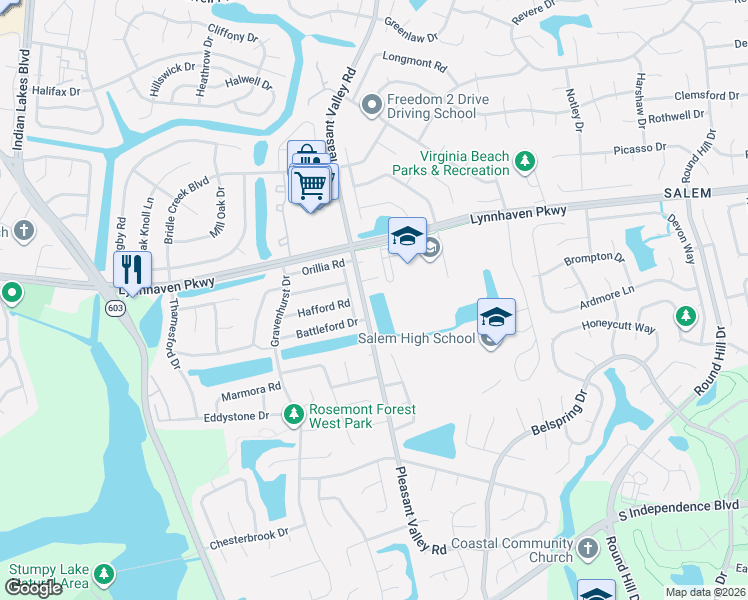 map of restaurants, bars, coffee shops, grocery stores, and more near 1768 Alvena Lane in Virginia Beach